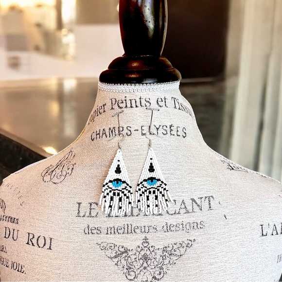 Evil Eye Seed Bead Fringe Earrings: Boho Dangle Earrings Handcrafted White Blue - Picture 15 of 17